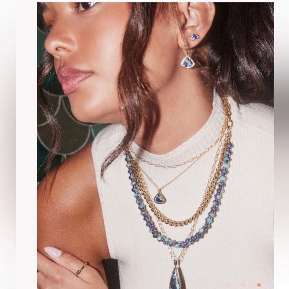 Kendra Scott Rebecca Multi Strand Necklace Bronze Veined Lapis Turquoise Gold 🆕 - Picture 4 of 10